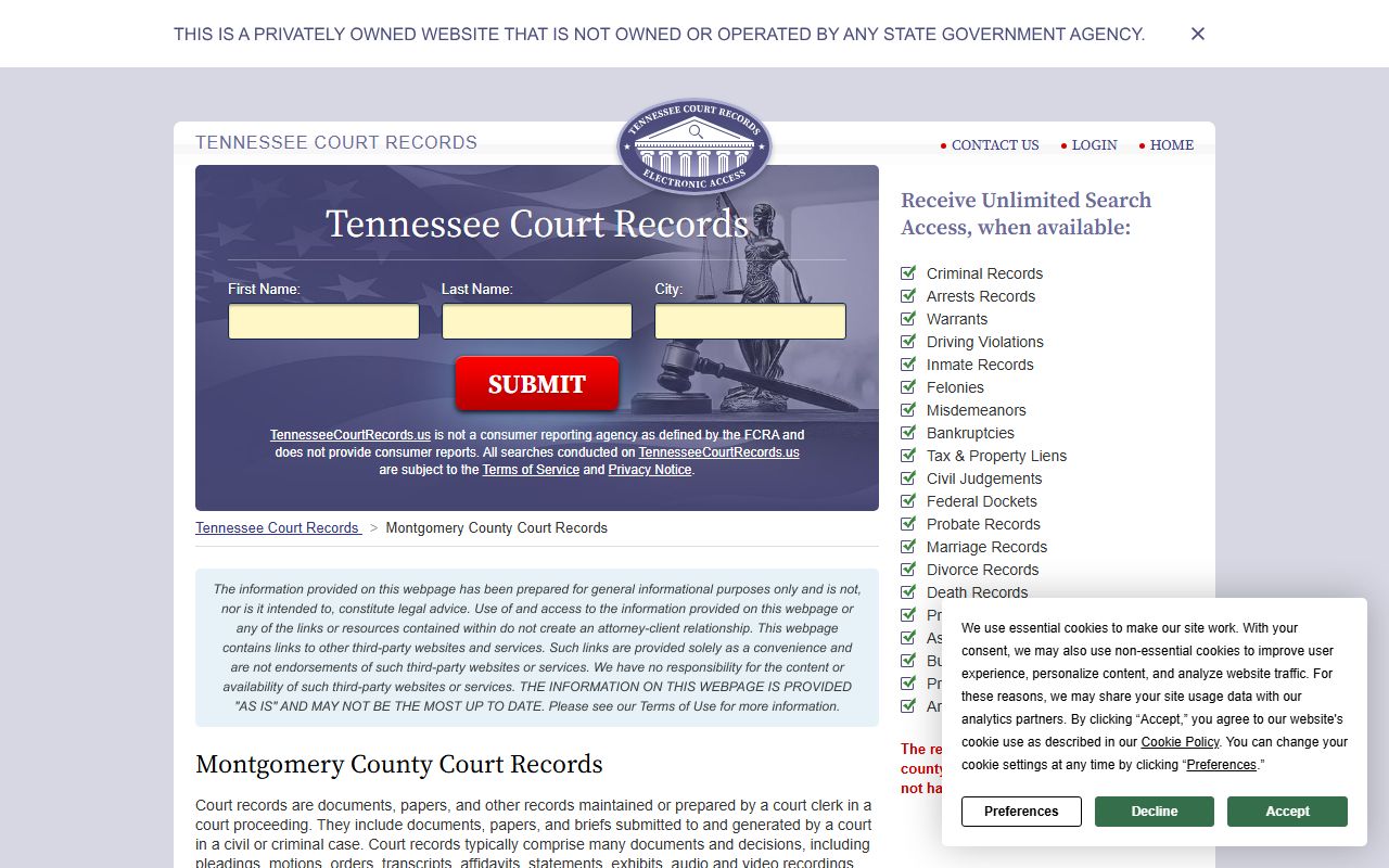 Montgomery County Circuit Court Clerk for Clarksville divorce decree records