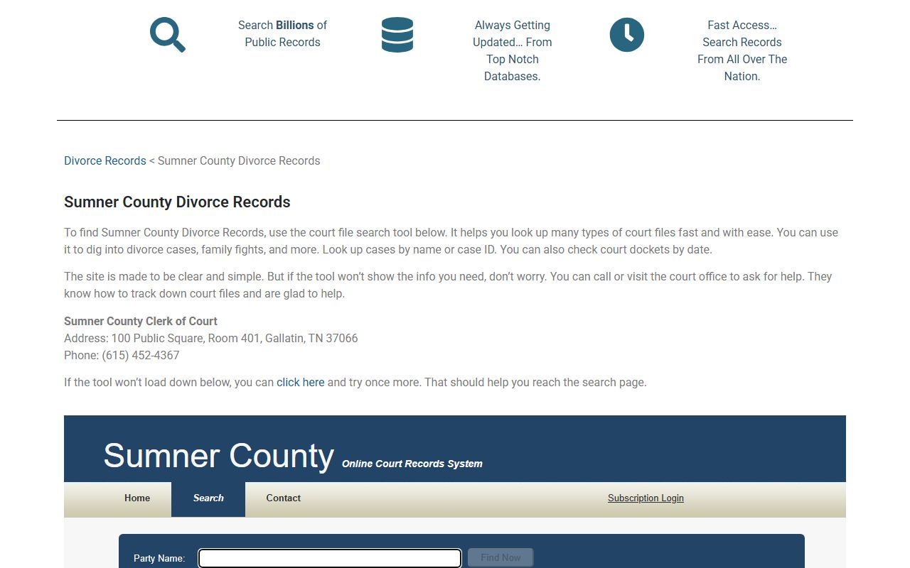 Sumner County Clerk support for divorce decree records