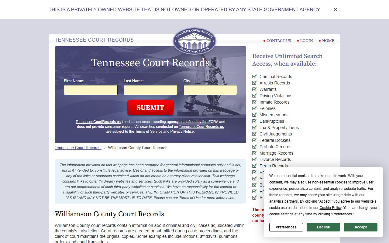 Williamson County court records for Franklin divorce decree copies