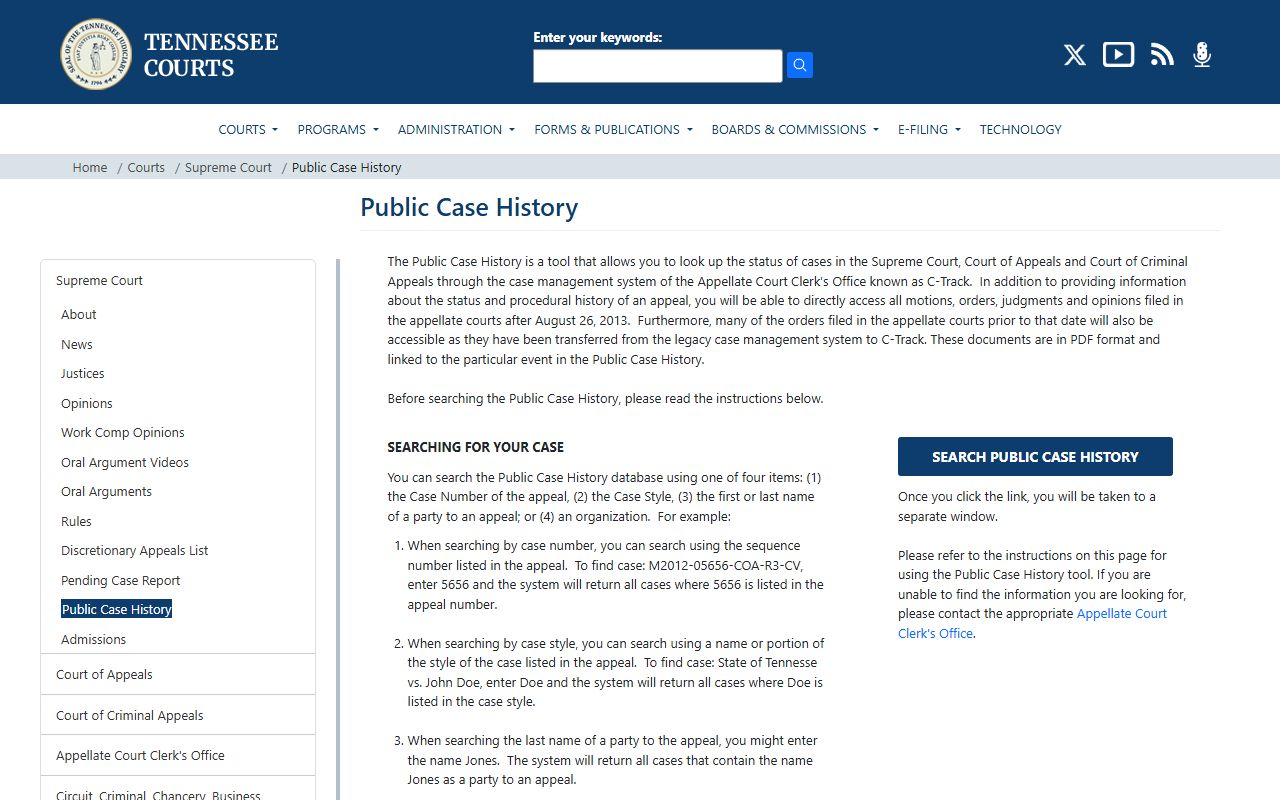 Tennessee Divorce Decree public case history portal